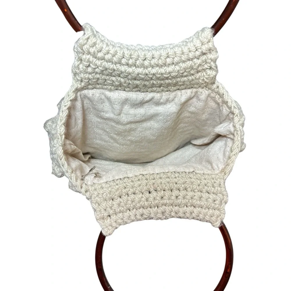 Vintage Macrame BoHo Crochet Handmade Beige Handbag Brown‎ Pastic Loop Handles